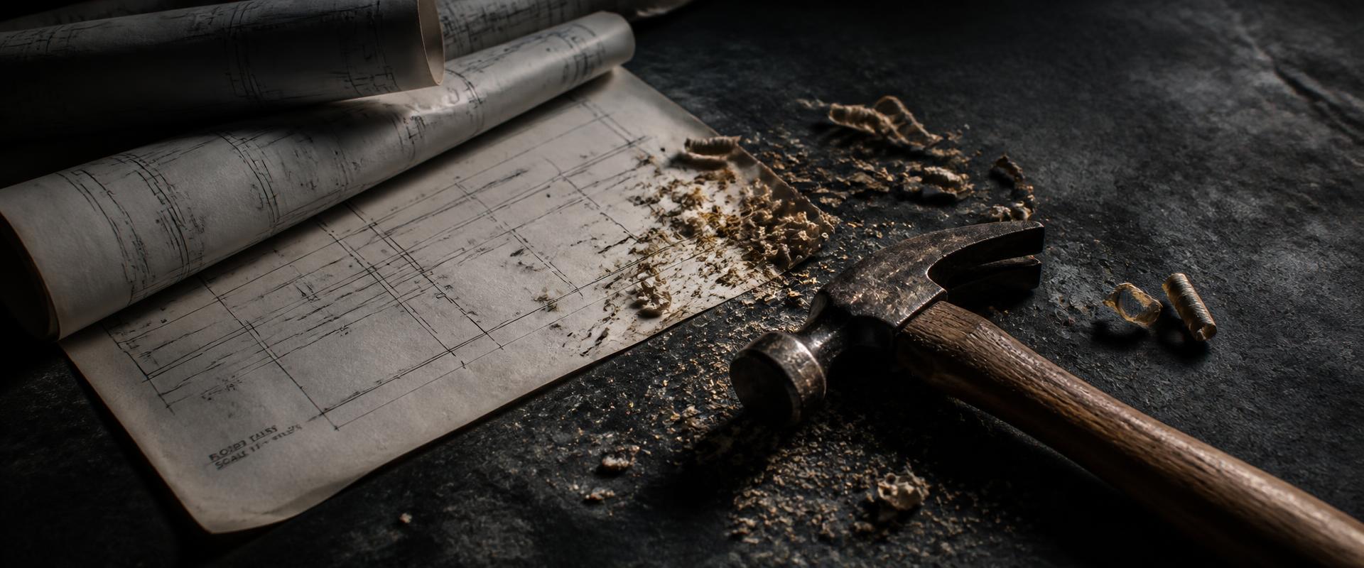Blueprints, hammer and wood shavings on a dark workbench